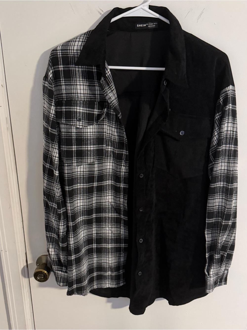 SHEIN Black & White Plaid Split Design Shirt Jacket